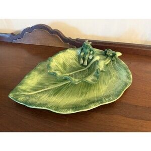 Vintage Lotus Lilly Pad Frog Serving Platter Tray and Dip Bowl Green Frogs